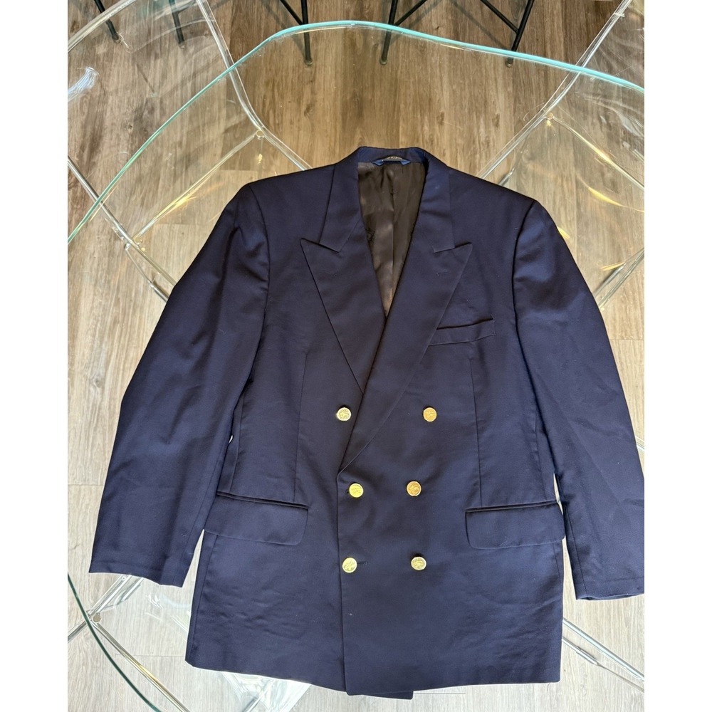 Vintage Burberrys Navy 100% Wool Double Breasted Blazer Gold Knight Buttons USA